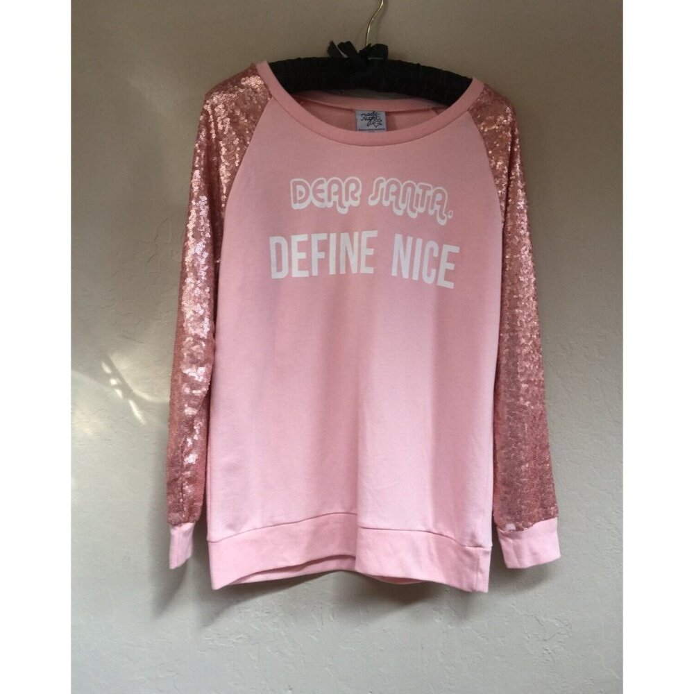 Made Right Womens Sequin Raglan Sweater Dear Santa Define Medium Pink Pullover